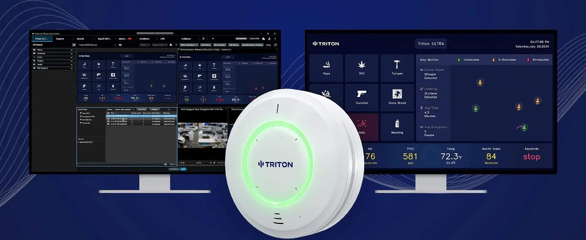Vape Detection & Smart Sensor Systems NYC, NJ & CT 8 Triton ULTRA sensor with its alert dashboards for vape, THC, gunshot and air quality detection
