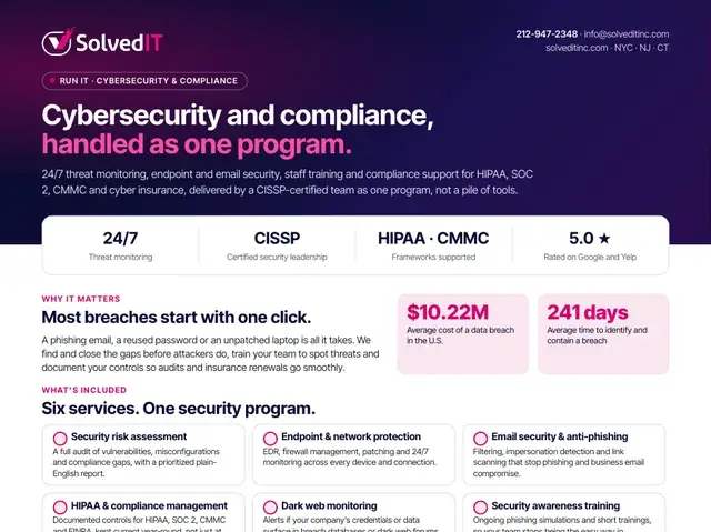 Preview of the Solved IT Cybersecurity & Compliance service overview