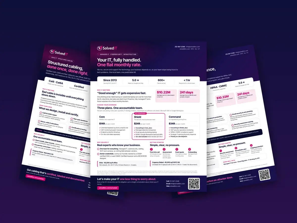 Three Solved IT service service overviews: Managed IT, Structured Cabling and Cybersecurity & Compliance